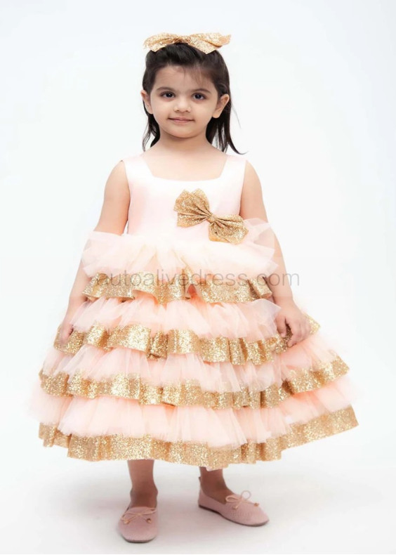 Peach Tulle Gold Sequin Tiered Flower Girl Dress